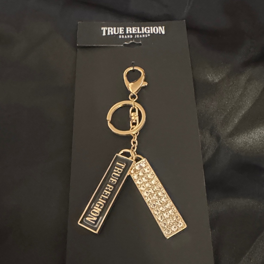 True Religion logo Goldtone and Black rhinestone clip Keychain